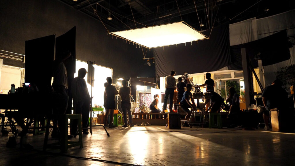 scenes making film video production movie crew team working silhouette camera equipment set studio
